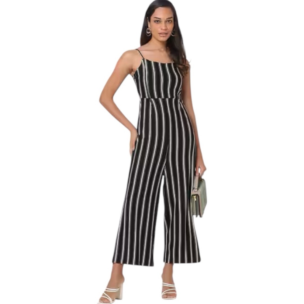 Pull & Bear Black & White Striped Wide Leg Cropped Jumpsuit Size Small